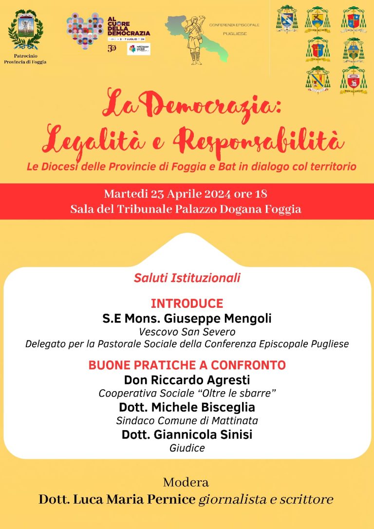 Si svolgerà martedì 23 aprile alle ore 18.00, presso Palazzo Dogana, Sala del Tribunale di Foggia l’evento dal titolo: “Legalità e Responsabilità”.